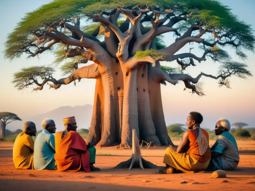 Ancianos africanos bajo Baobab en la sabana, reflejando espiritualidad y liderazgo en África