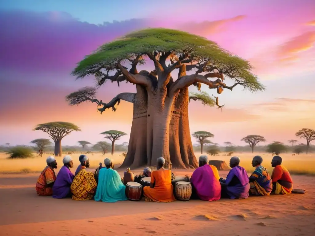 Ancianos africanos preservando tradiciones a través de música y danza al atardecer en la sabana