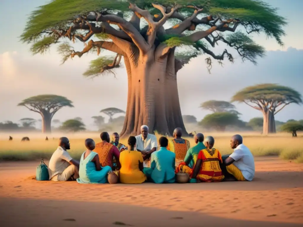 Ancianos africanos comparten sabiduría bajo baobab: escena de transferencia intergeneracional y unidad comunitaria