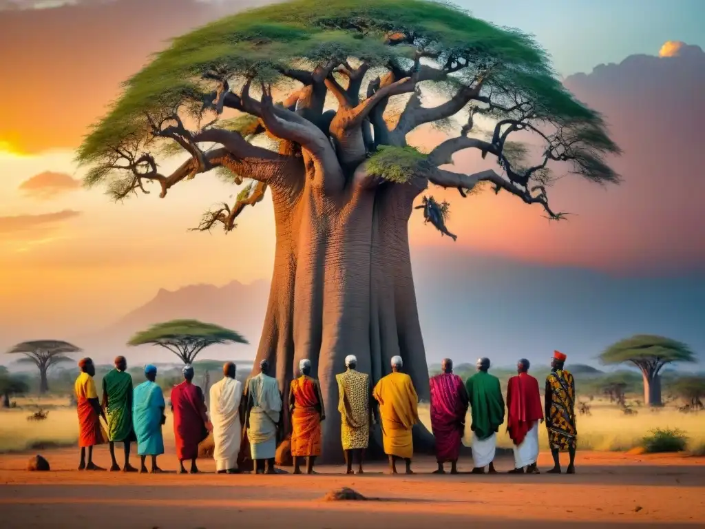 Ancianos africanos planifican bajo baobab resistiendo colonización en África