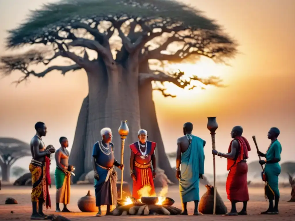 Ancianos en ceremonia espiritual africana al amanecer con vestimenta tribal y baobab