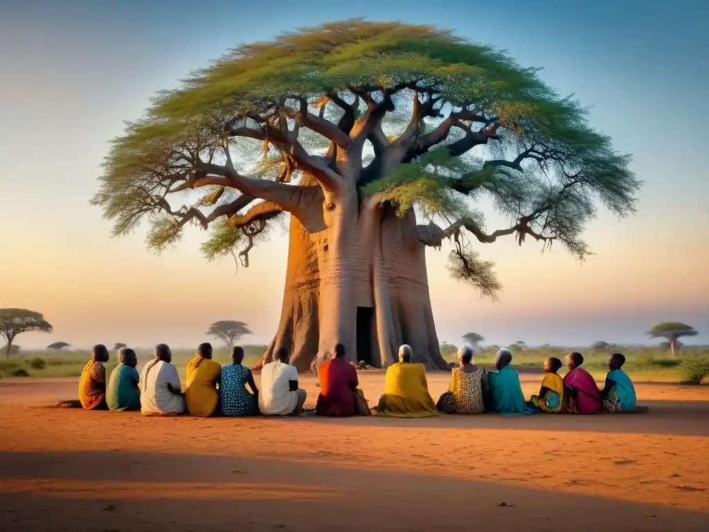 Ancianos comparten cuentos africanos bajo baobab con niños, en escena rica en interacción humana y espíritus folklore africano