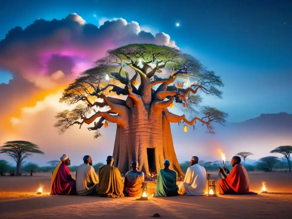 Ancianos rezando bajo el baobab en África, envueltos en rituales espirituales