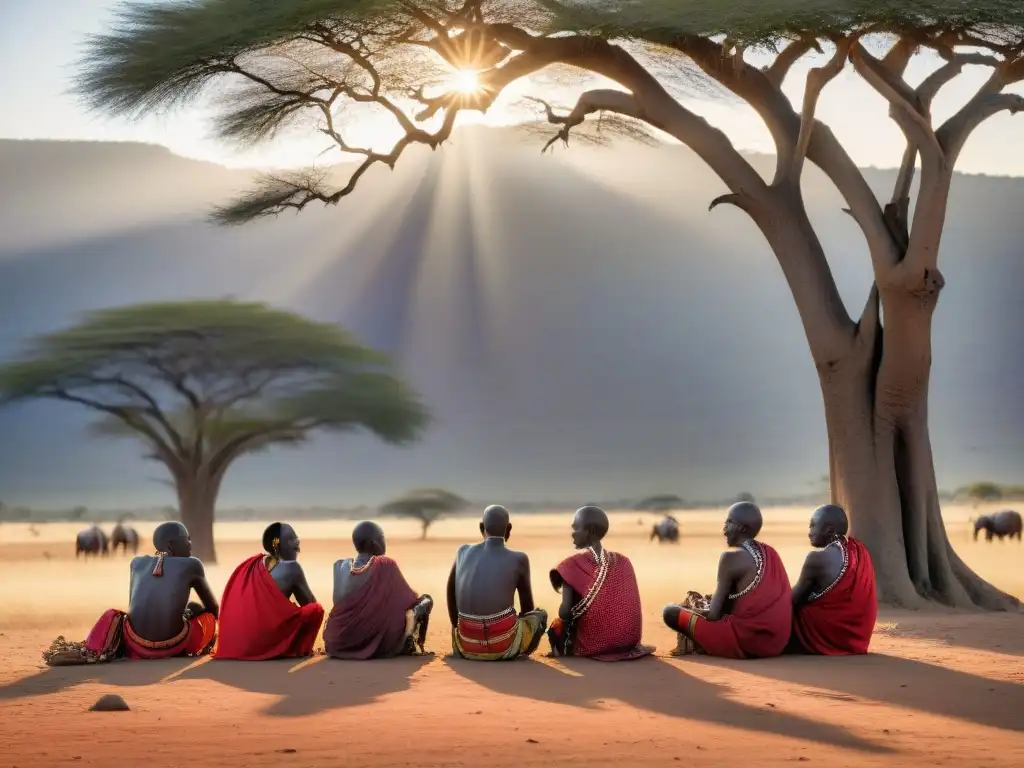 Ancianos Maasai bajo árbol de acacia, en la sabana africana al atardecer