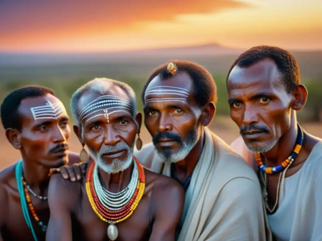 Los ancianos de la tribu Oromo realizan rituales ancestrales alrededor del fuego al atardecer en el Cuerno de África