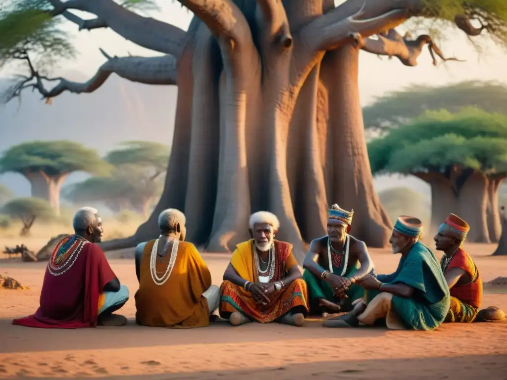 Ancianos tribales africanos en círculo bajo un baobab, interpretando cantos ancestrales