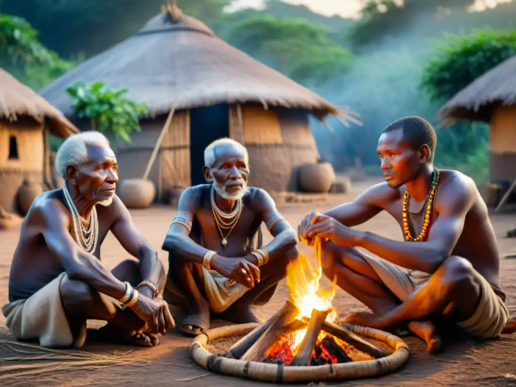 Ancianos de tribu africana compartiendo secretos longevidad alrededor del fuego