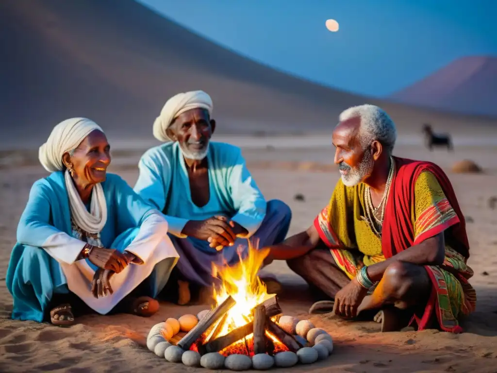 Ancianos de la tribu Afar en Djibouti comparten historias junto al fuego, en una escena de tradición oral en el Cuerno de África