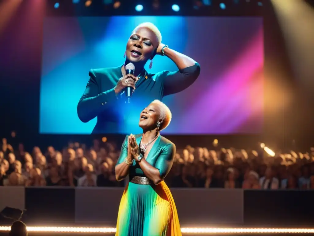 Angelique Kidjo deslumbra en el escenario, rodeada de un público entregado, proyectando una energía vibrante y poderosa