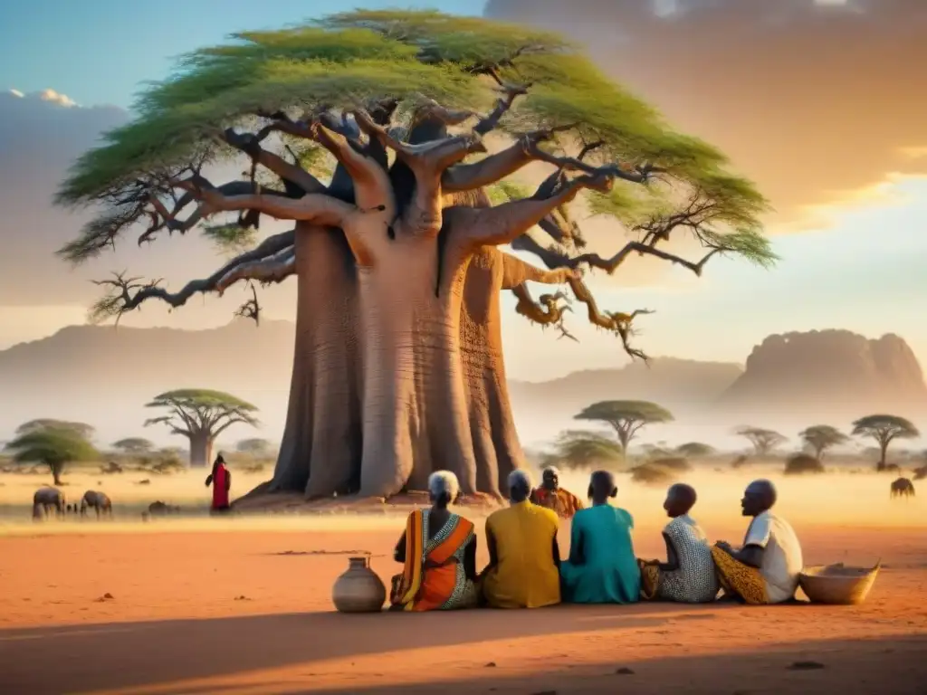 Conversación animada de ancianos africanos bajo un baobab, niños atentos