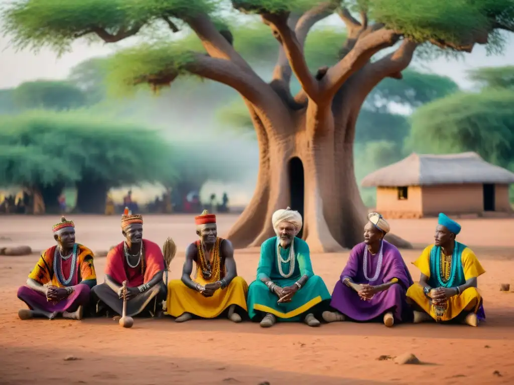 Conversación animada entre ancianos Mossi bajo un árbol antiguo, en una aldea de Burkina Faso