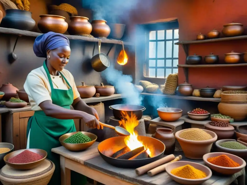 Una animada cocina africana donde se preparan recetas históricas, con chefs expertos y mujeres en trajes tradicionales