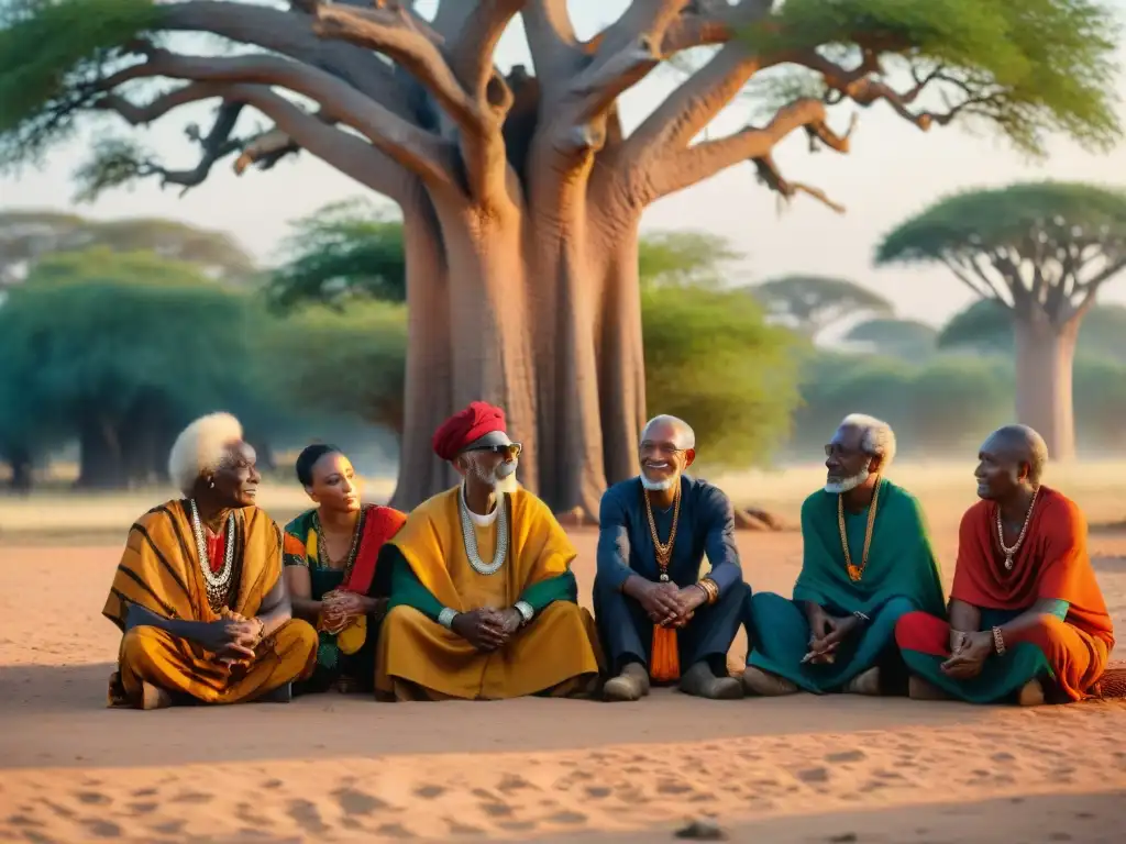 Una animada conversación de ancianos africanos bajo un baobab, rodeados de textiles y artefactos tradicionales, con la cálida luz dorada del atardecer