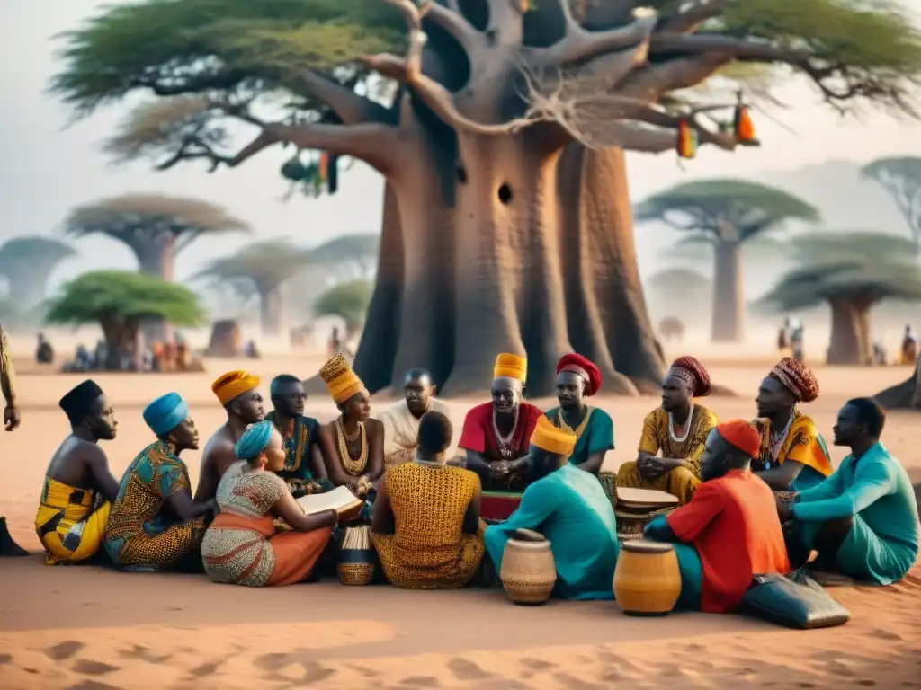 Una animada discusión bajo un baobab entre personas de África Occidental con libros y instrumentos musicales