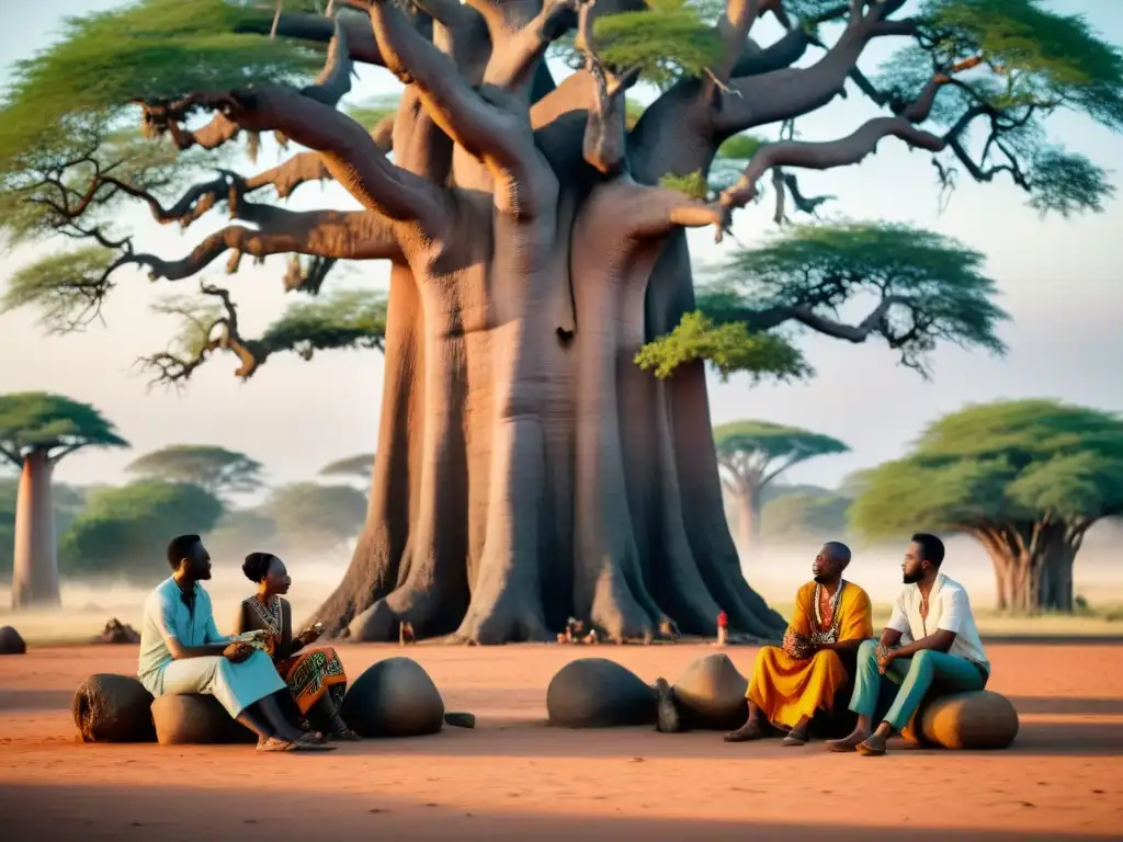 Vibrante diálogo bajo el baobab: intercambio cultural africano Una animada discusión entre individuos diversos bajo un baobab, reflejando influencias interculturales en lenguas africanas