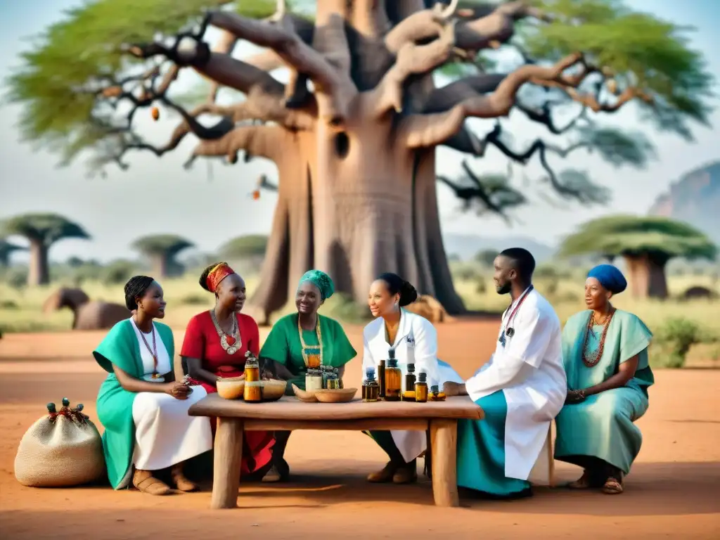 Una animada discusión entre sanadores africanos modernos y tradicionales bajo un baobab