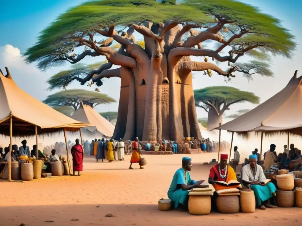 Una animada economía del saber en África: mercaderes intercambian manuscritos antiguos bajo baobabs centenarios