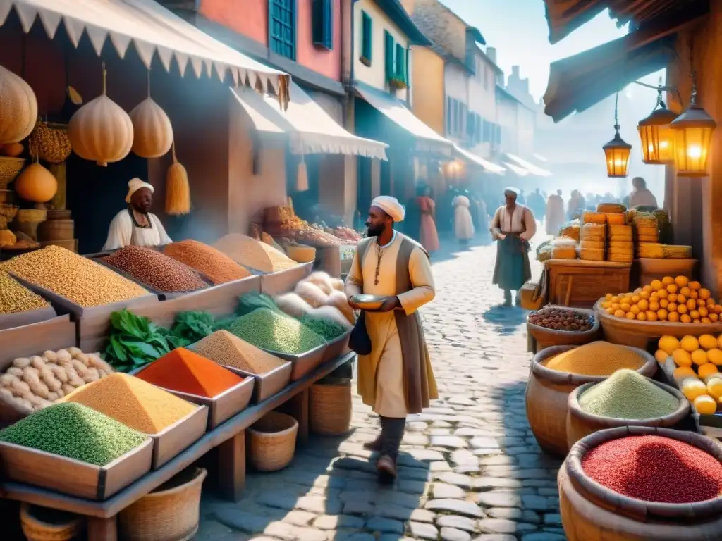 Una animada escena de un bullicioso mercado medieval europeo, con mercaderes vendiendo ingredientes africanos a clientes europeos