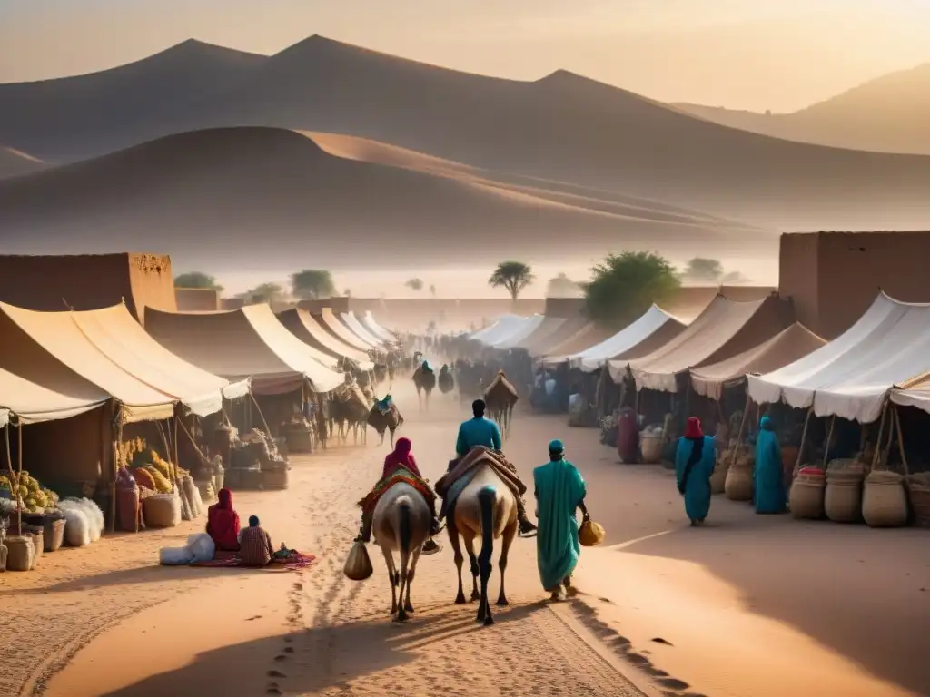 Una animada escena de centros comerciales en el Sahara, con mercaderes intercambiando bienes bajo el sol abrasador