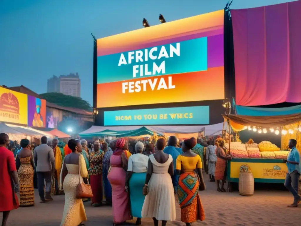 Animada escena en festival cine africano, gente diversa viendo pantalla gigante