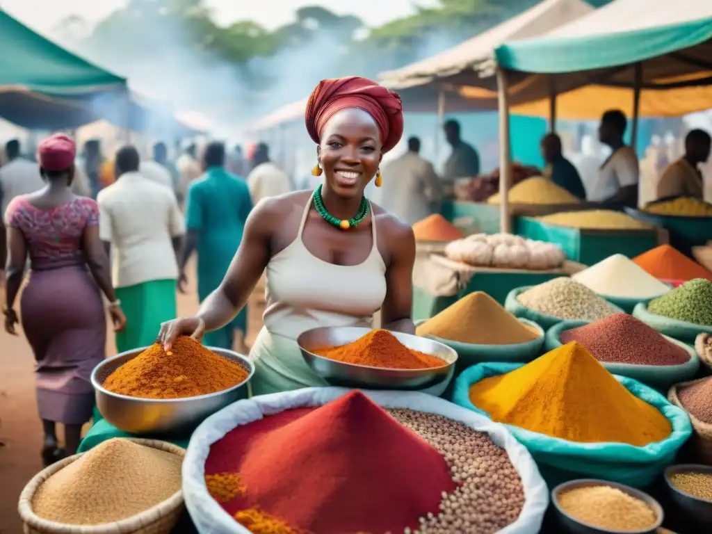 Una animada escena de un mercado al aire libre en África, con colores vibrantes y platos tradicionales africanos diáspora preparados por chefs locales