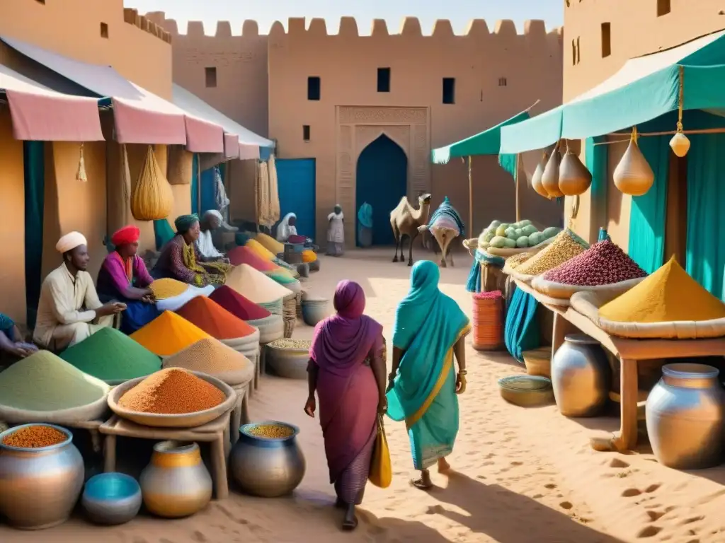 Una animada escena del mercado de Timbuctú durante el auge del comercio transahariano, con productos africanos y atmósfera histórica