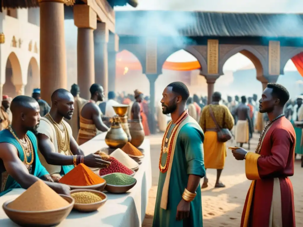 Una animada escena de mercado medieval en África, con comerciantes de África y Asia en discusiones diplomáticas