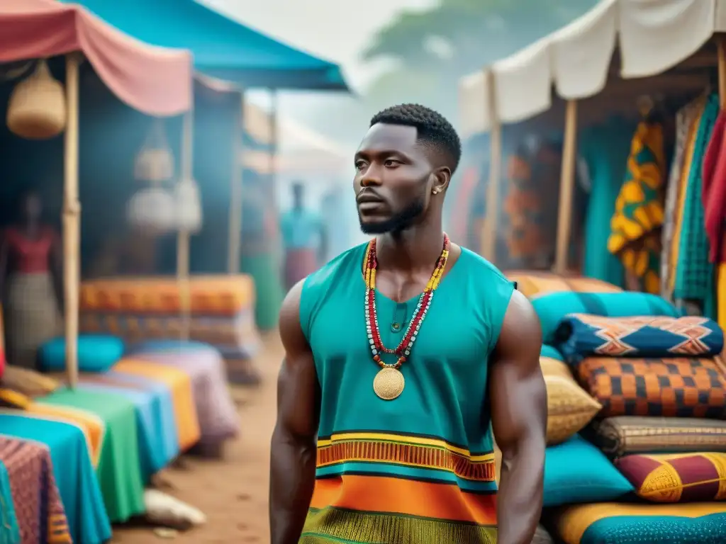 Una animada escena en un mercado de África Occidental, donde se venden coloridos dashikis de telas tradicionales como el kente y Ankara