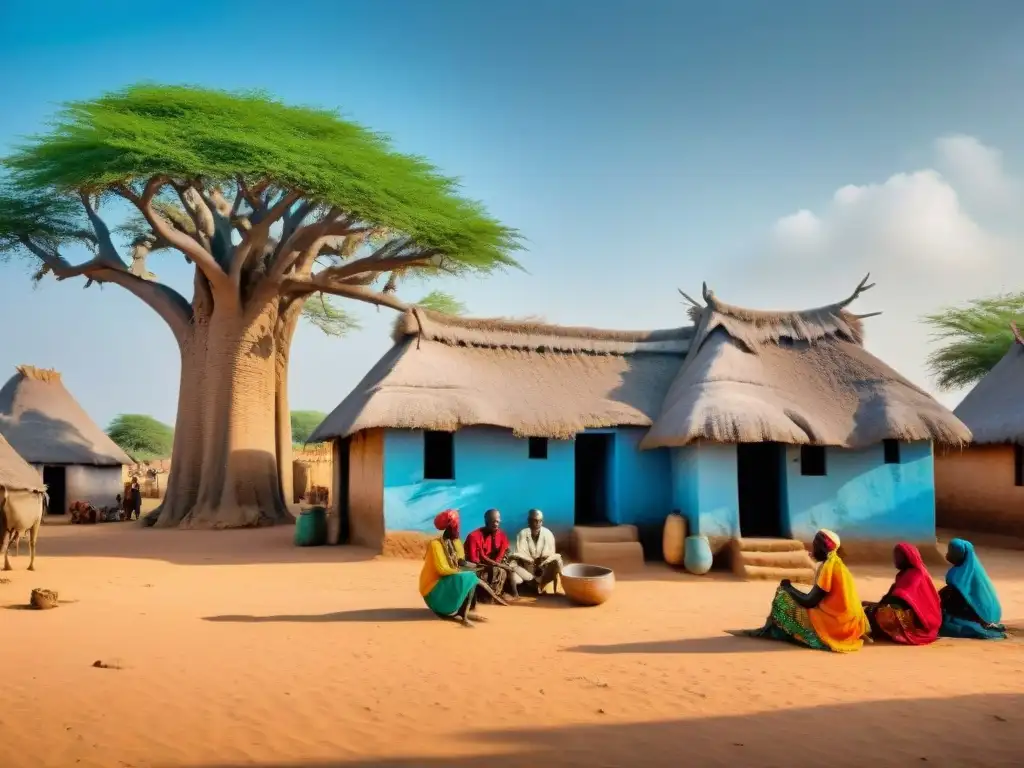 Una animada escena de la vida cotidiana en una aldea tradicional Wolof en Senegal, con coloridos atuendos y una atmósfera de comunidad