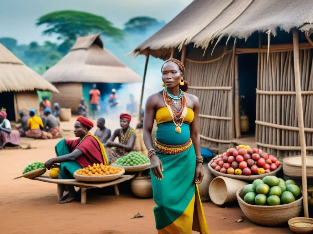 Una animada intersección de culturas en África: vibrante mercado en una aldea centroafricana, con gente indígena en intercambios culturales