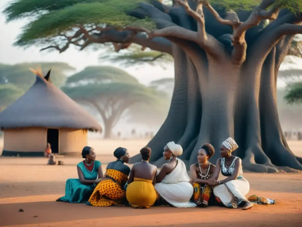 Conversación animada de mujeres africanas bajo un árbol, desafiando roles de género en África colonialismos