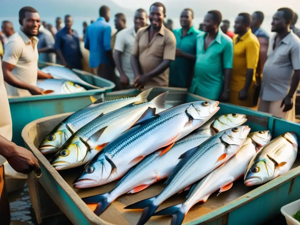 Una animada pescadería africana con pescados ricos en Omega3 bajo el sol, reflejando la vida costera africana