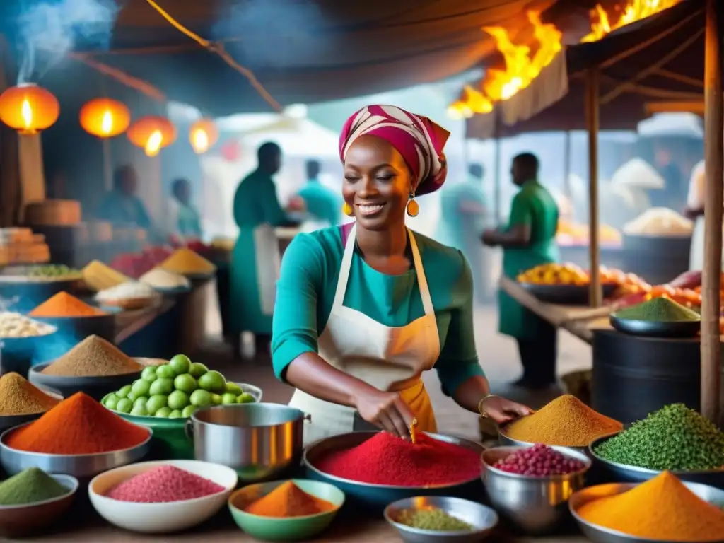 Un animado y bullicioso mercado africano lleno de especias coloridas, productos frescos y vendedores locales mostrando sus creaciones culinarias