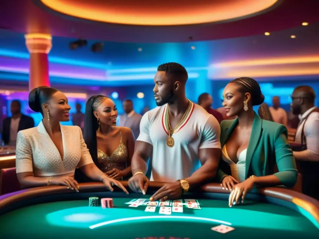 Animado casino en ciudad africana fusiona arte tradicional y arquitectura moderna bajo luces neón, reflejando mercado emergente industria juego África