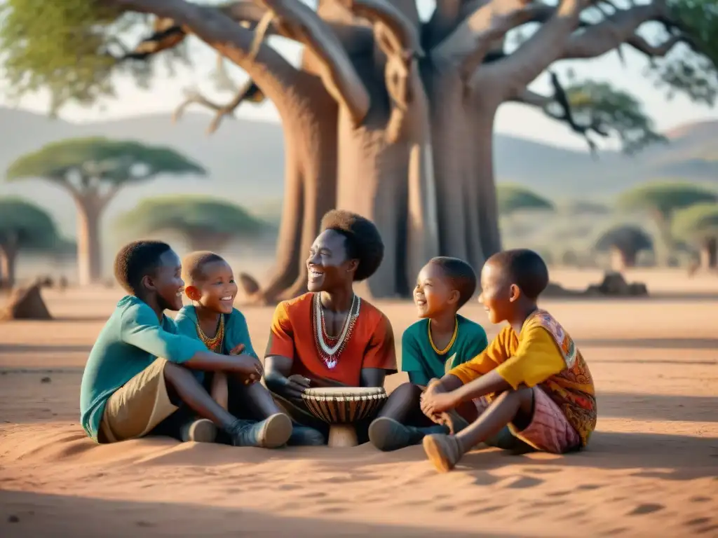 Un animado círculo de niños africanos bajo un baobab, tocando instrumentos tradicionales