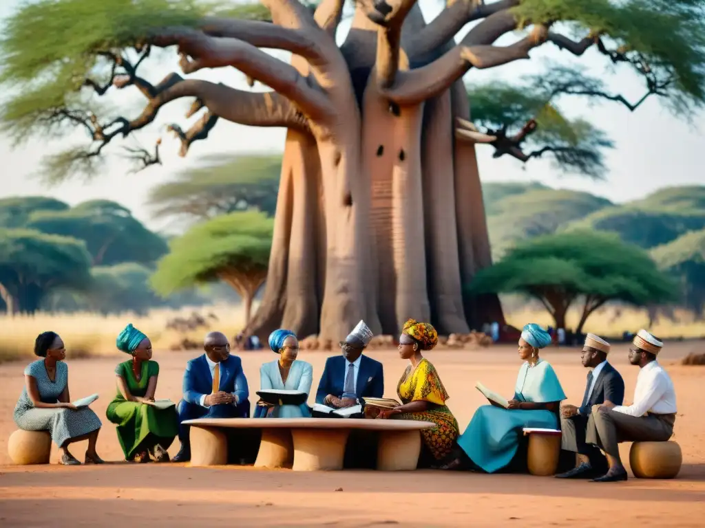 Un animado debate de expertos en derecho africanos bajo un baobab, rodeados de libros legales