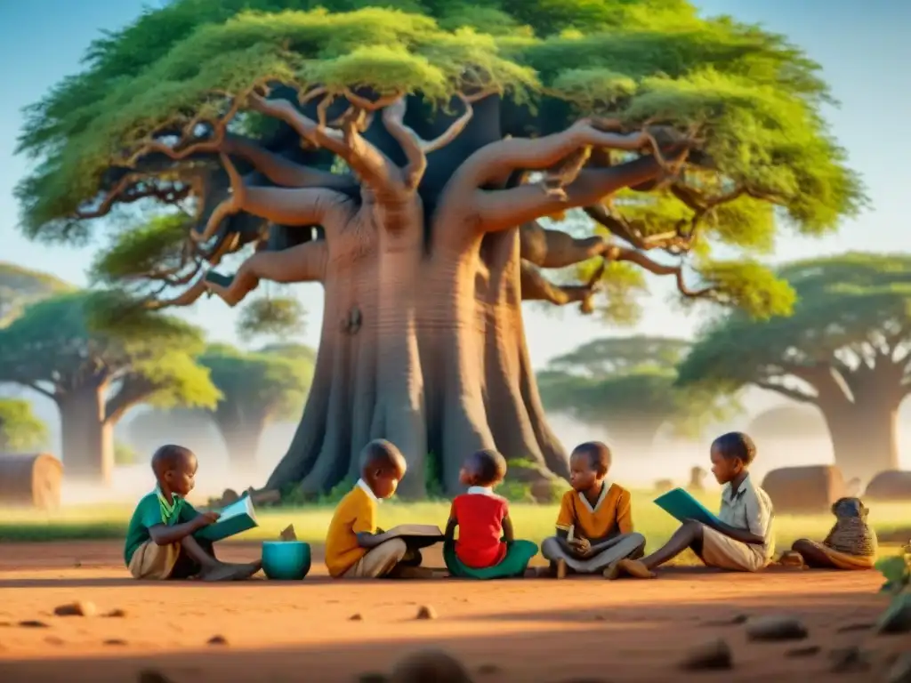 Un animado grupo de niños africanos lee bajo un baobab, rodeados de cultura y naturaleza