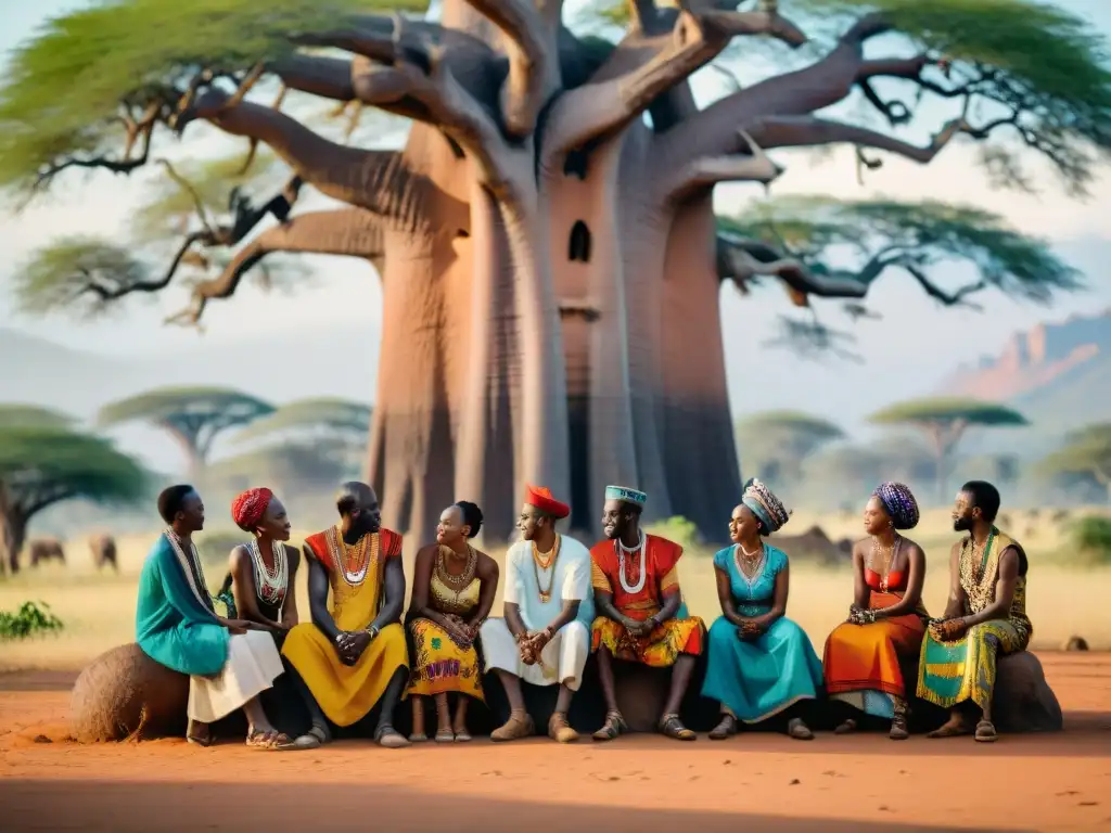 Conversaciones vibrantes: diversidad cultural y lingüística en África Un animado intercambio entre personas africanas bajo un baobab, destaca la riqueza cultural y lingüística