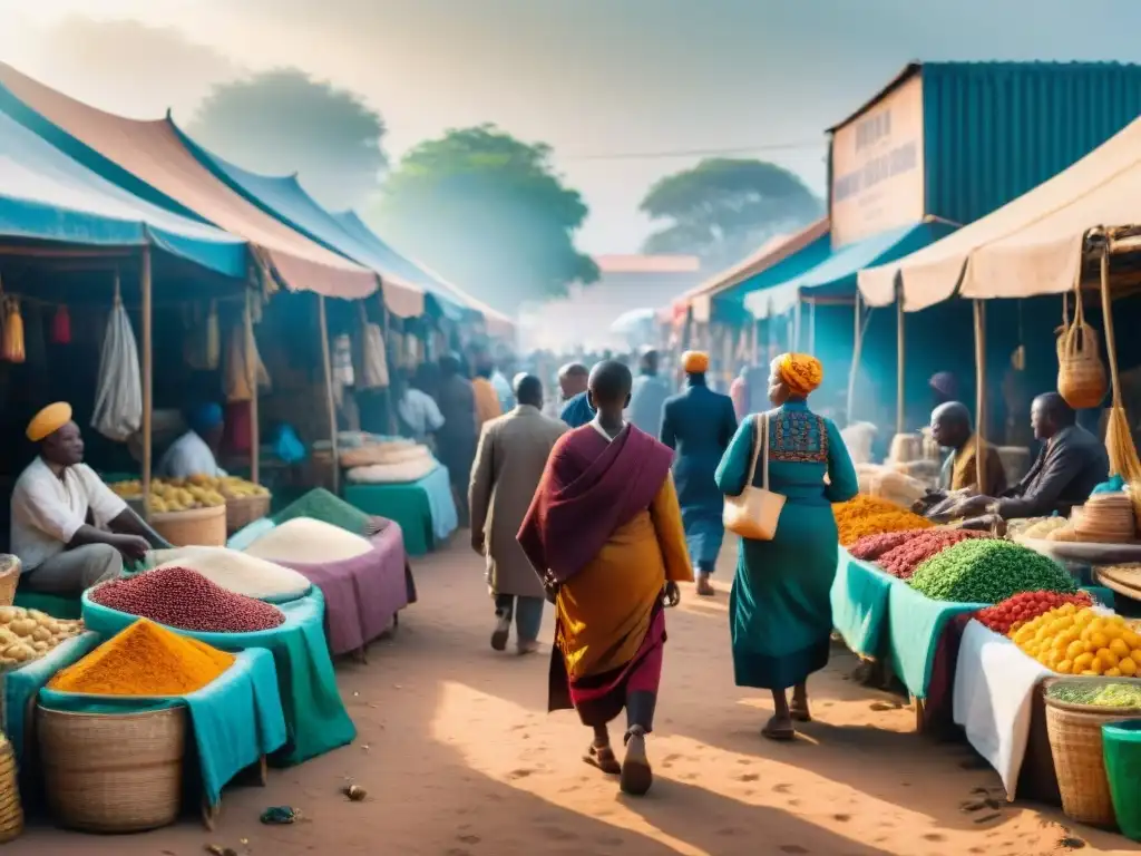 Mercado vibrante: diversidad cultural y armonía en África Un animado mercado en África donde diferentes culturas y religiones coexisten pacíficamente, reflejando la diversidad y armonía