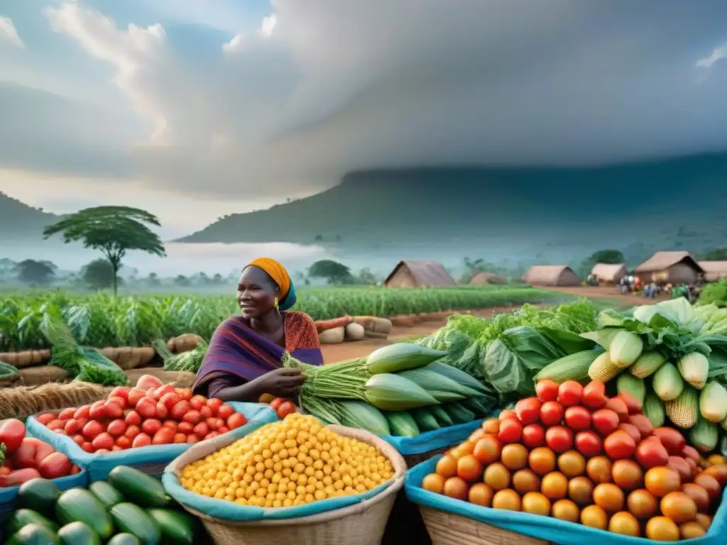 Un animado mercado africano con agricultura en sociedades africanas, lleno de color y vida