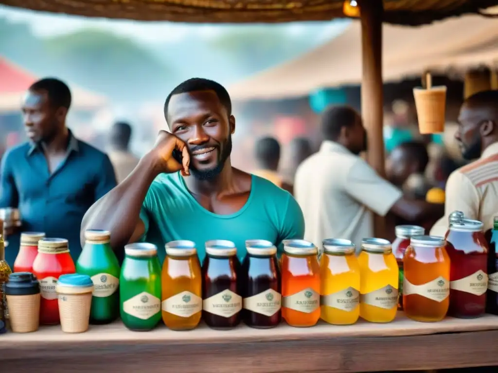 Un animado mercado africano con bebidas tradicionales africanas populares en vibrantes contenedores y clientes curiosos disfrutando de las muestras