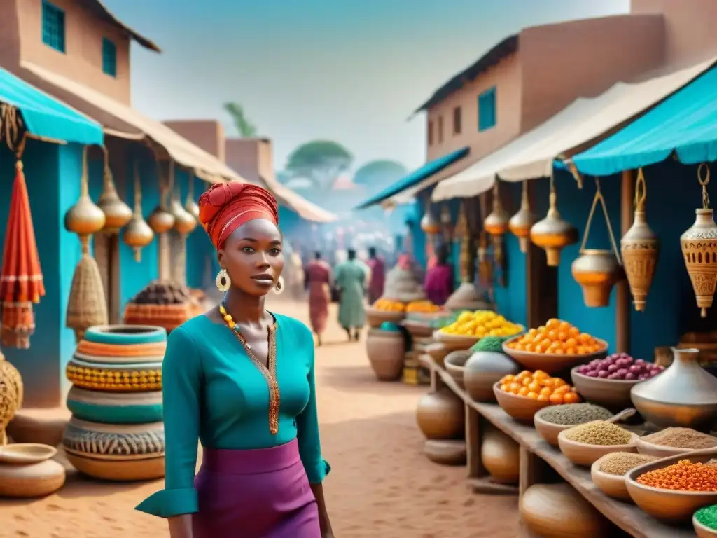 Un animado mercado africano con colores vibrantes y gente diversa comerciando, rodeado de edificios de barro con intrincadas tallas