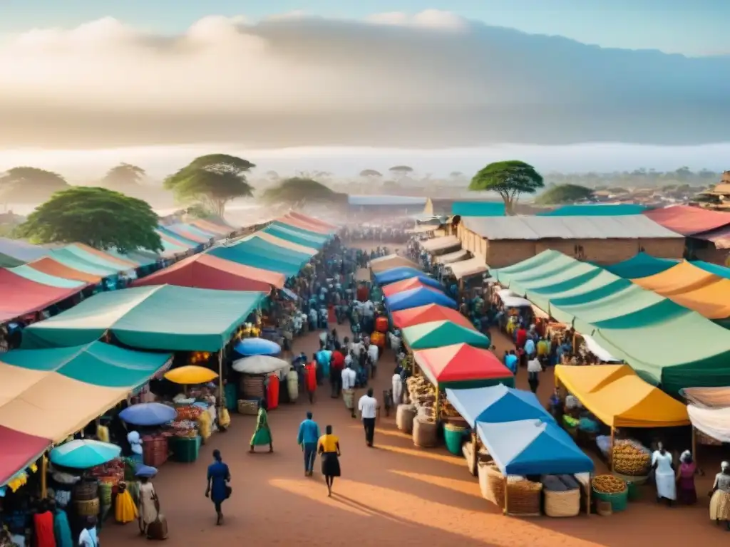 Un animado mercado africano con colores vibrantes y comercio bullicioso