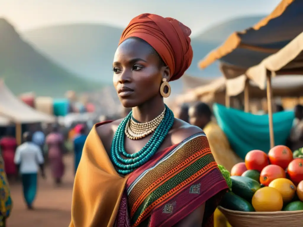 Un animado mercado africano con coloridos puestos de comida y artesanías, reflejando la vida diaria en África