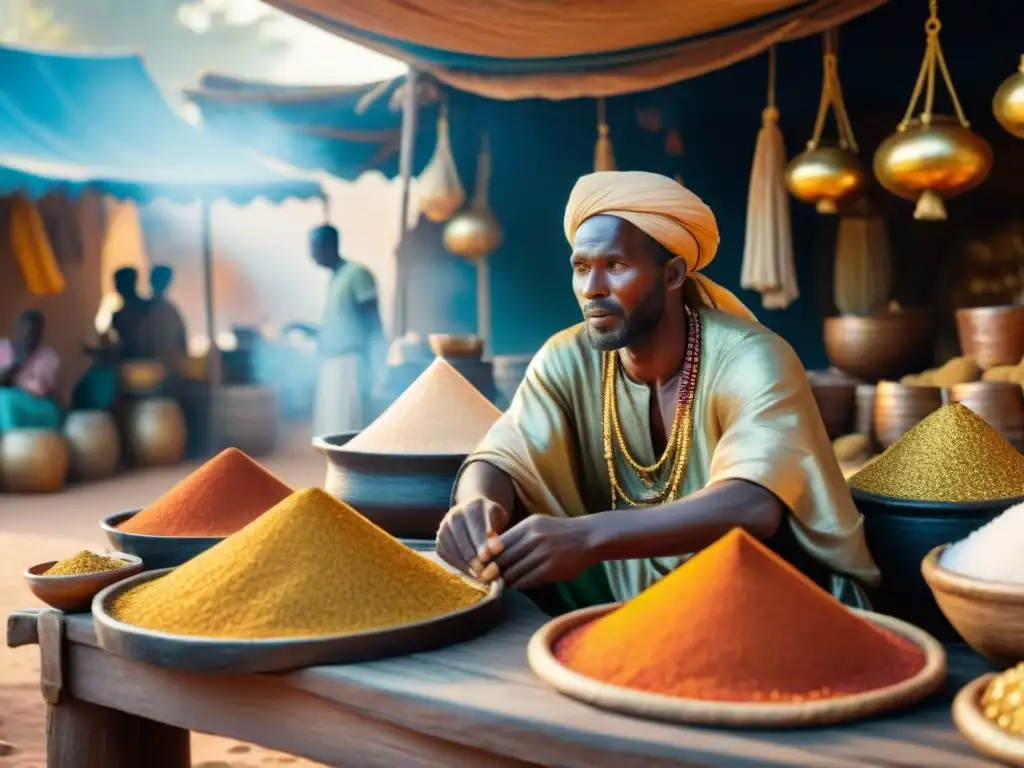 Animado mercado africano con comercio de sal en África bajo el sol abrasador, colores vibrantes y detalles artesanales