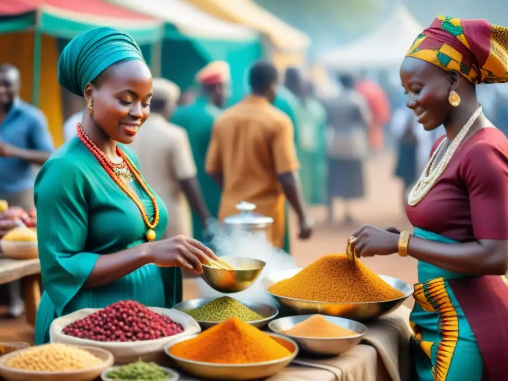 Animado mercado africano durante festividad, con coloridas comidas tradicionales