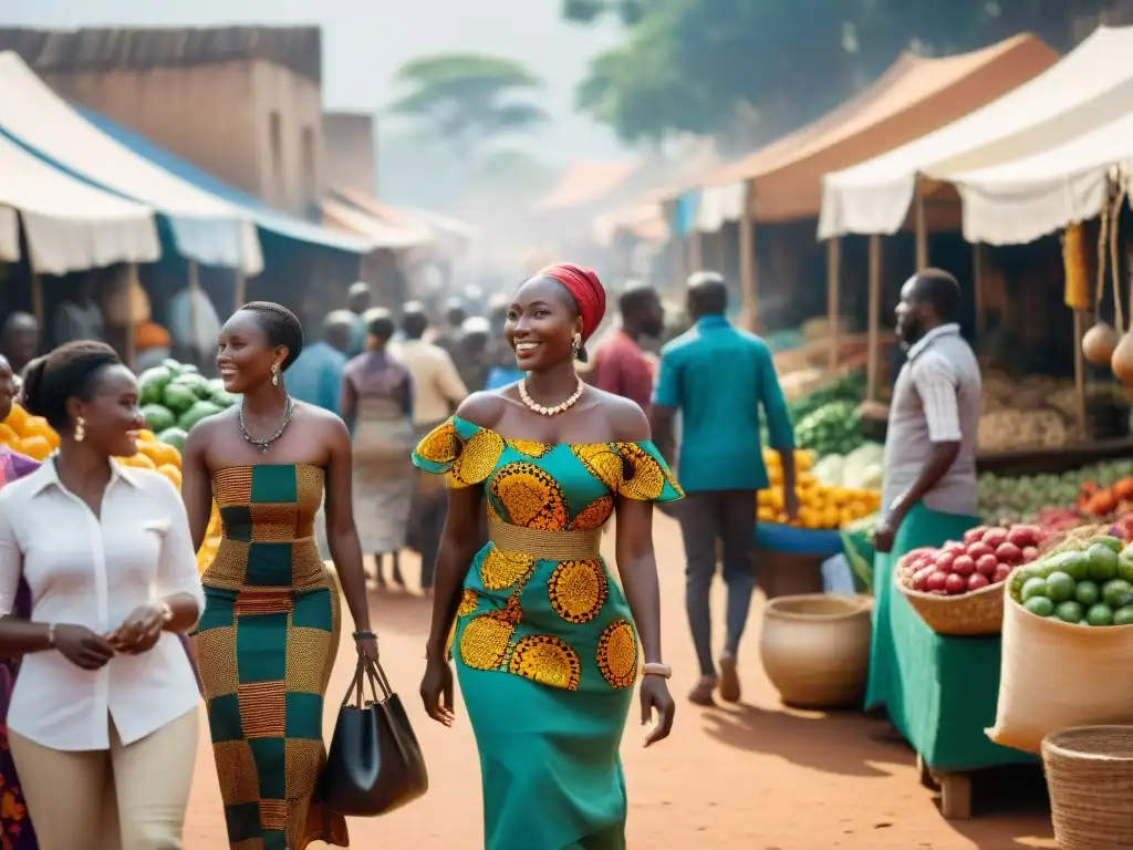 Un animado mercado africano mostrando interacciones entre personas de diferentes géneros y clases sociales