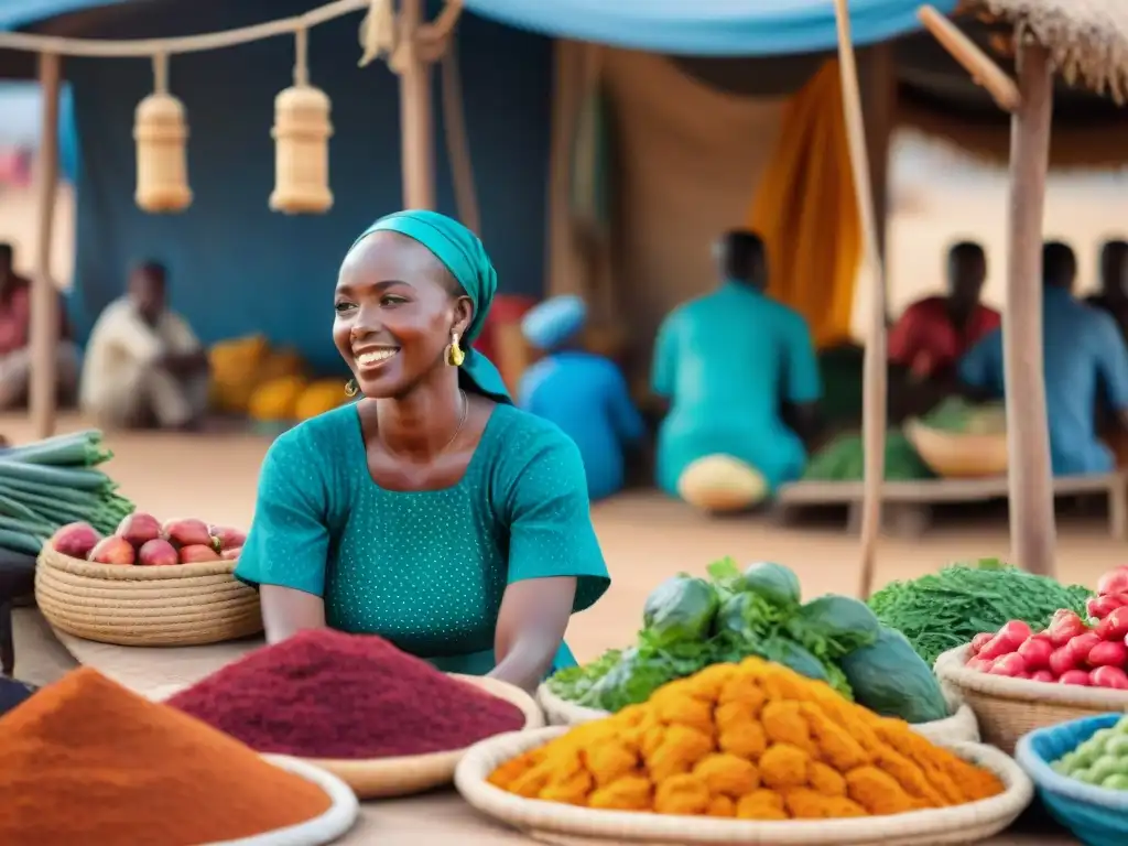 Un animado mercado africano lleno de coloridos puestos que venden artesanías tradicionales, telas vibrantes y productos frescos