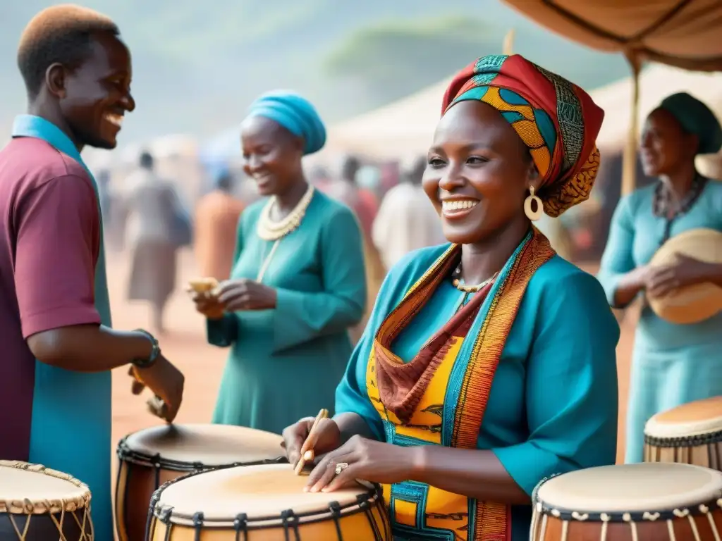 Un animado mercado africano con locales en trajes tradicionales, textiles coloridos y artesanías hechas a mano