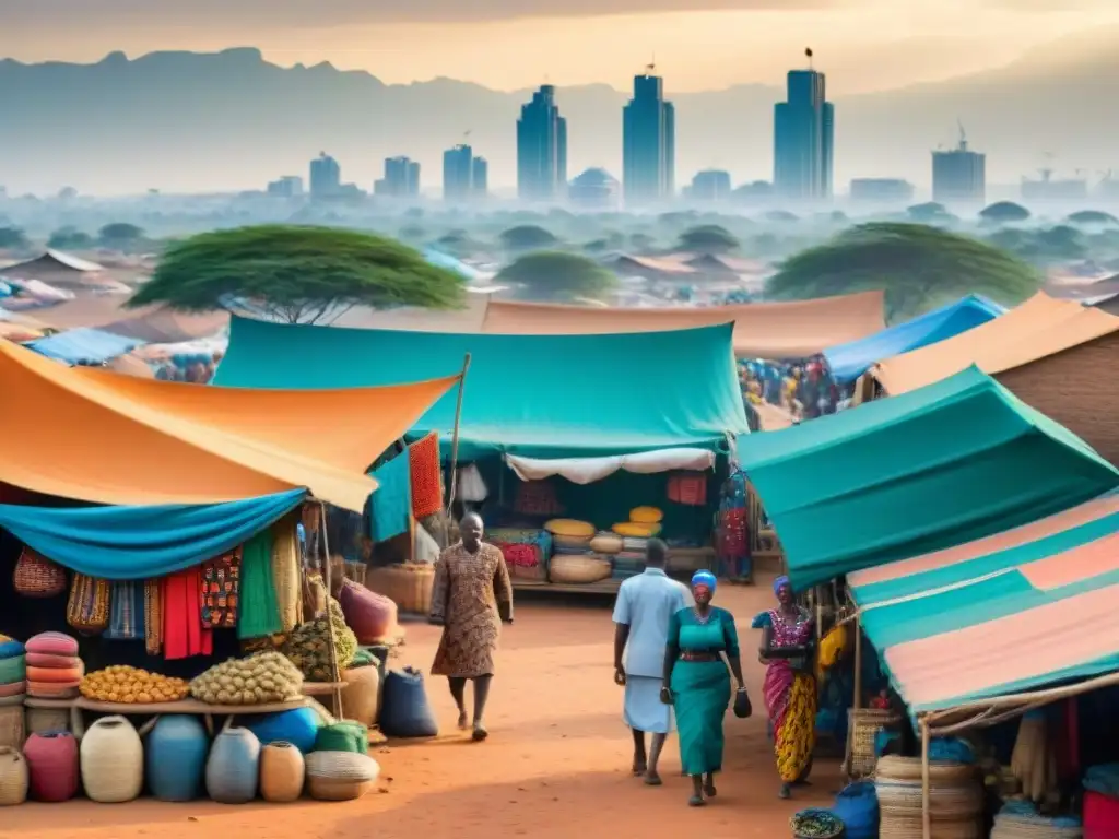 Un animado mercado africano con tradición y modernidad: tejidos coloridos, artesanías y gadgets electrónicos entre edificios de barro y rascacielos